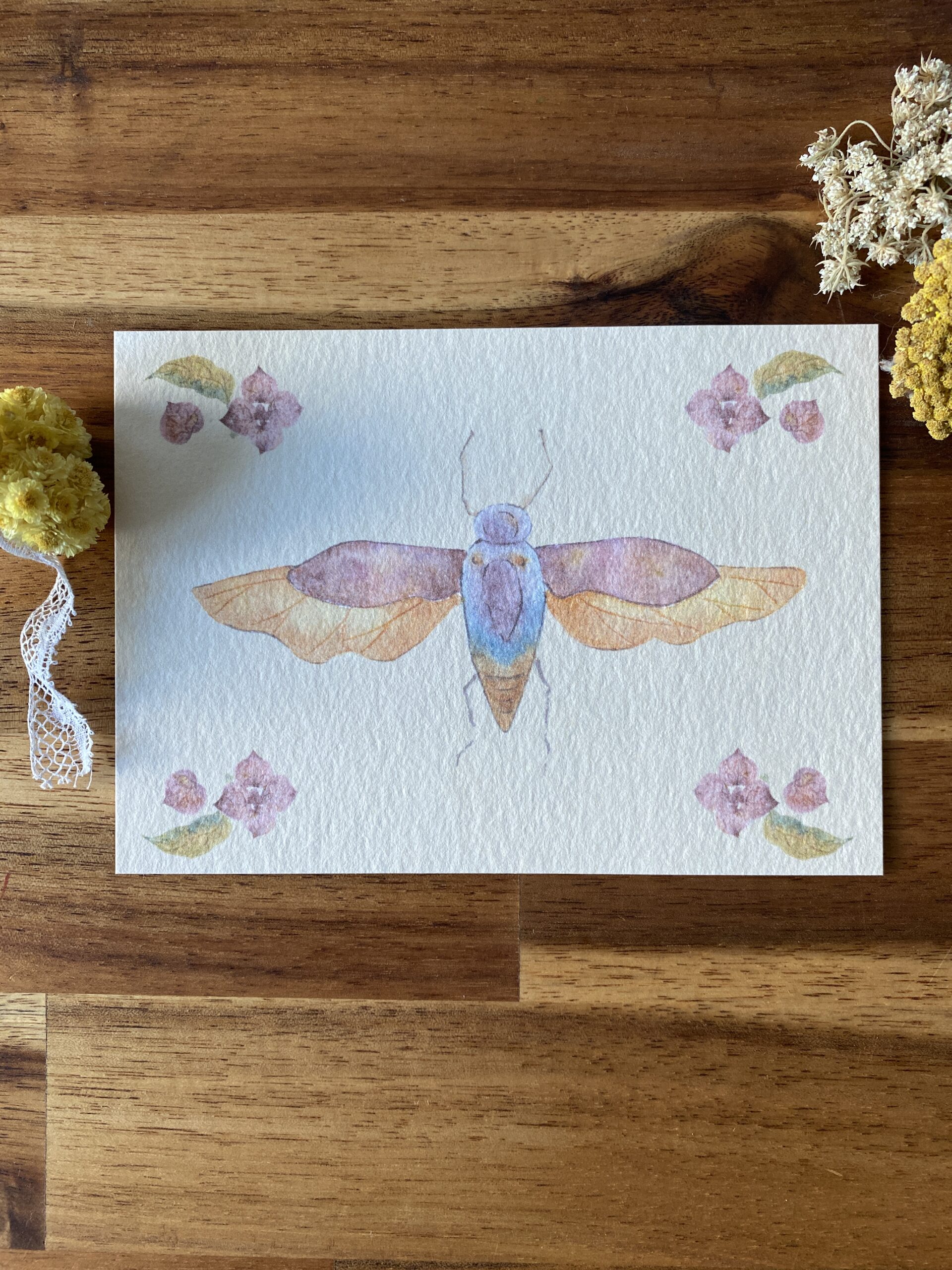 Cigale et fleurs d'hortensia - Papier Mat