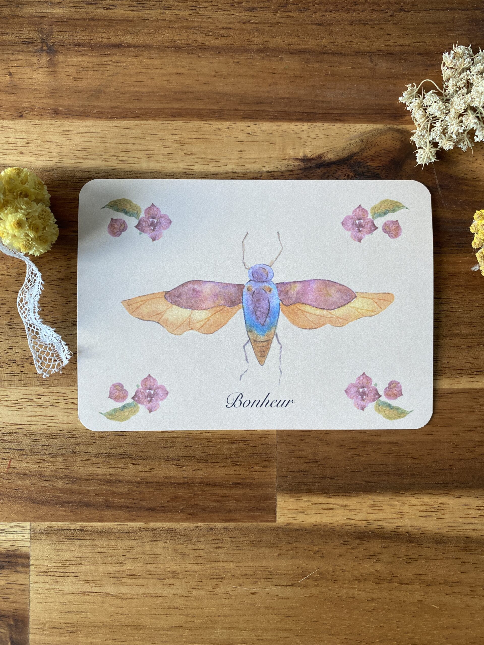 Cigale et fleurs d'hortensia - Papier Glacé - "Porte bonheur"